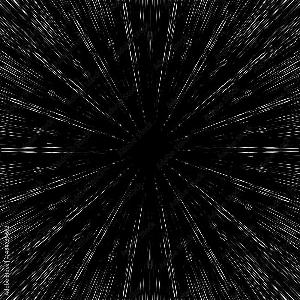 Obraz premium High-contrast abstract design featuring a central point exploding into streaks of white light against a dark backdrop. Creates a powerful visual impact of speed and energy.