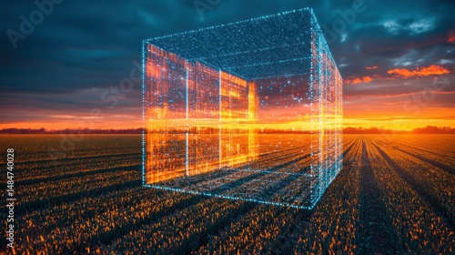 Digital agriculture cube at sunset