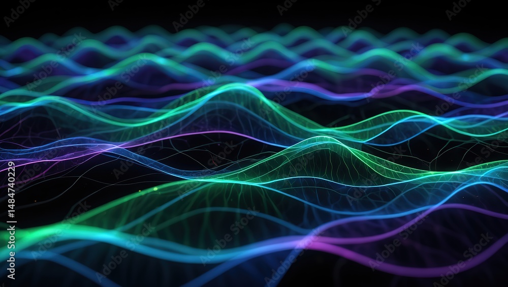 Fototapeta premium Abstract glowing brainwaves flowing in vibrant colors, symbolizing neural activity, set against a dark, tech-inspired backdrop.