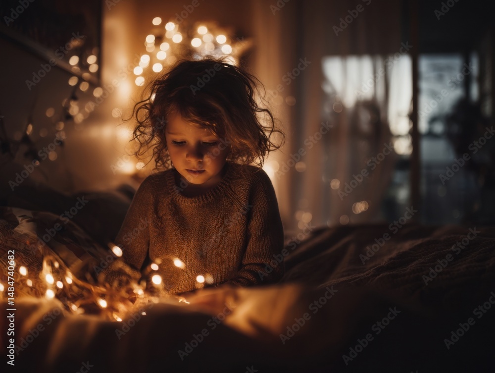 Young Girl With Red Hair Playing With Fairy Lights on Bed at Night, Representing Childhood Wonder and Festive Season Magic for Holiday Marketing : Generative AI Young Girl With Red Hair Playing With Fairy Lights on Bed at Night, Representing Childhood Wonder and Festive Season Magic for Holiday Marketing : Generative AI