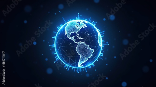 A glowing neon wireframe globe spins slowly in space, surrounded by intricate electric blue digital connections, symbolizing global connectivity in a high-tech world.