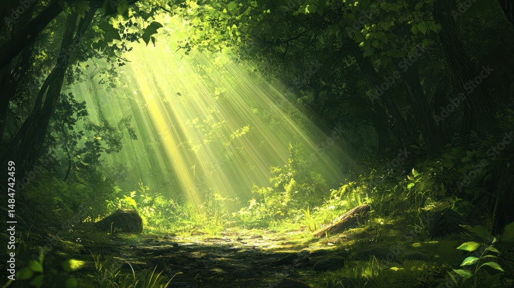 Obraz premium Sunbeams Illuminating a Lush Forest Path