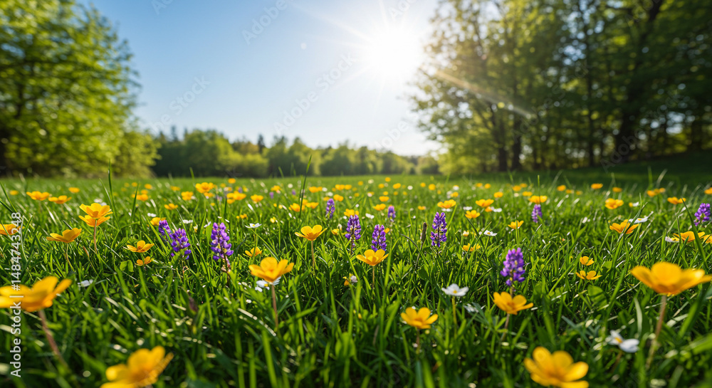Obraz premium Wildflowers Bloom in Meadow on Sunny Day, Creating Vibrant Landscape with Lush Greenery