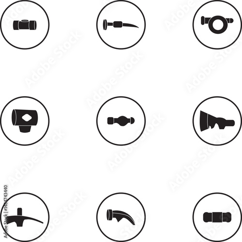 A set of vector icons featuring various hammer head designs, including sledgehammer, mallet, claw hammer, and chisel hammer. Ideal for illustrating construction, carpentry, and industrial tools.