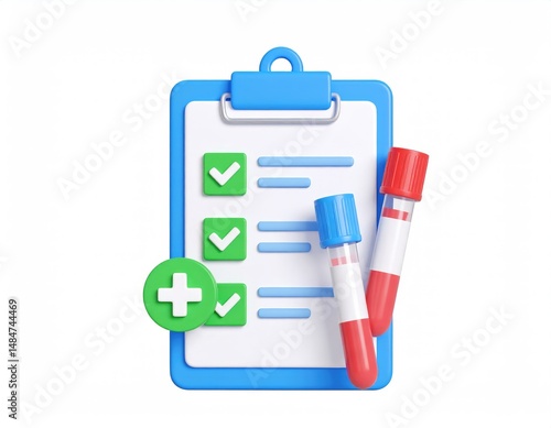 Medical Checklist:  3D Render of Clipboard, Test Tubes, and Checkmarks