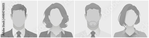 Collection of avatar defoult photo placeholder grayscale anonymous silhouette illustrations displaying individuals in professional business attire. Used for profiles or presentations.