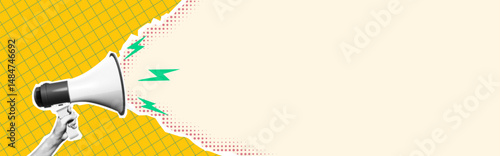 Abstract illustration of megaphone in pop art style on bright yellow grid background. Ideal for announcements and marketing. Features bold colors and comic elements.