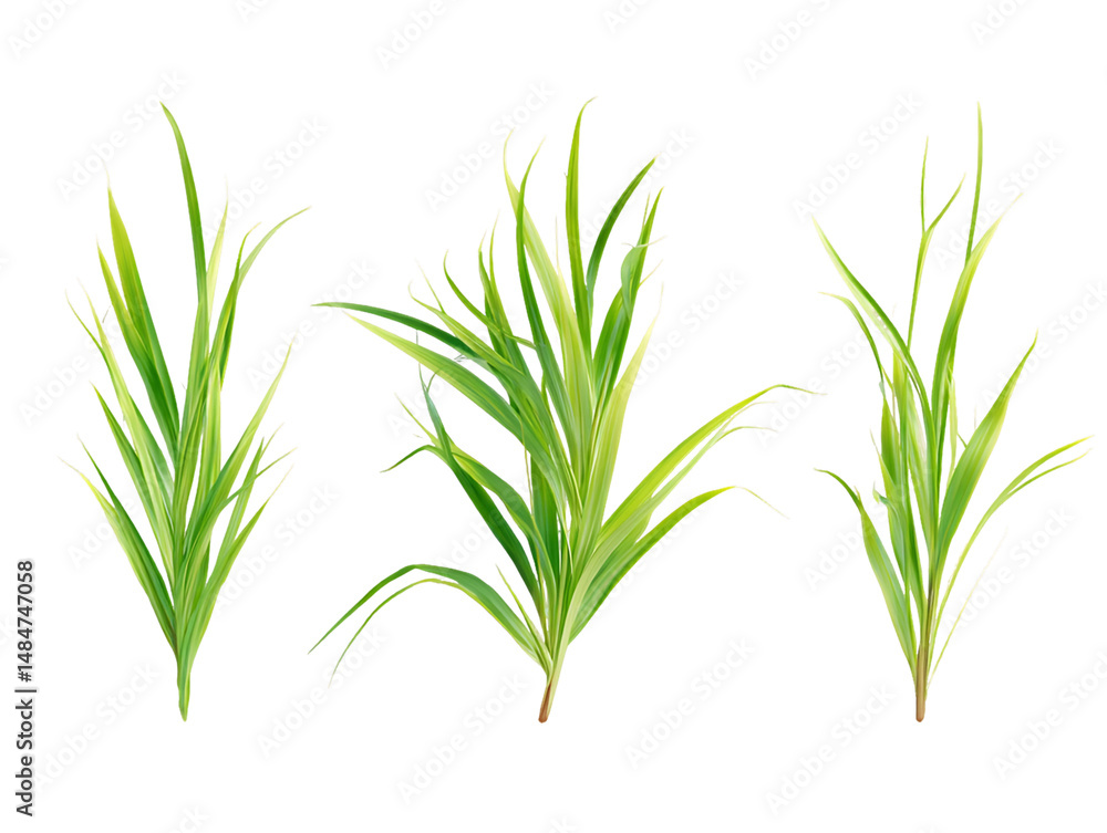 Fototapeta premium Three Lush Green Grass Sprigs Isolated on Transparent Background, PNG