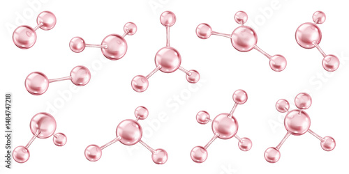 Microscopic pink collagen molecules realistic color icons set. Chemical bonds of protein structures 3d objects bundle on white background