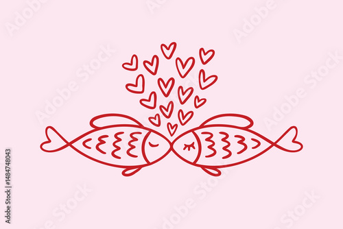 two kissing fish and hearts floating like bubbles. Doodle hand drawn outline characters fish kiss love icon. Valentines Day or greeting cards, prints and stickers