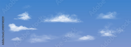 White fluffy clouds float tranquilly in a bright blue sky minimalist style background. Soft and peaceful atmosphere perfect for calming visuals or relaxation themed projects with copy space.