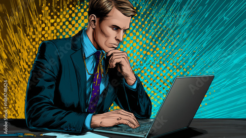 Businessman working on laptop pop art retro style. Computers and office work. Man and modern technology