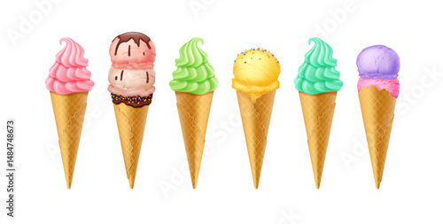 Illustration of six ice cream cones with colorful scoops in pink, chocolate, green, yellow, and purple. Each cone features unique textures and toppings. Perfect for summer themes, dessert promotions.