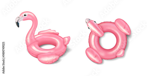 Pair of pink flamingo inflatable pool toys in a playful mood suitable for swimming and beach fun against plain white background. Ideal for water activities and summer parties.