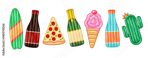Illustration of vibrant pool floats in various fun shapes including pizza, ice cream and cactus, against clean white background, representing playful summer vibe