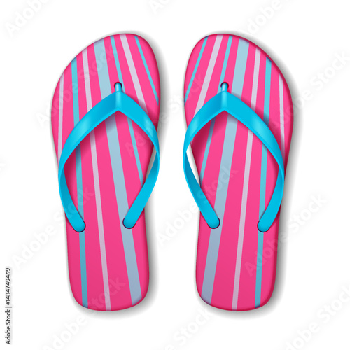 Illustration of bright flip flops with blue straps and vibrant pink striped design. Ideal for promoting summer vibes and beachwear fashion in a playful style.