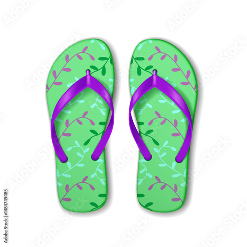 Illustration of vibrant flipflops with purple straps and green floral pattern. Perfect for summer beachwear or casual outings. Styled on a clean white background.