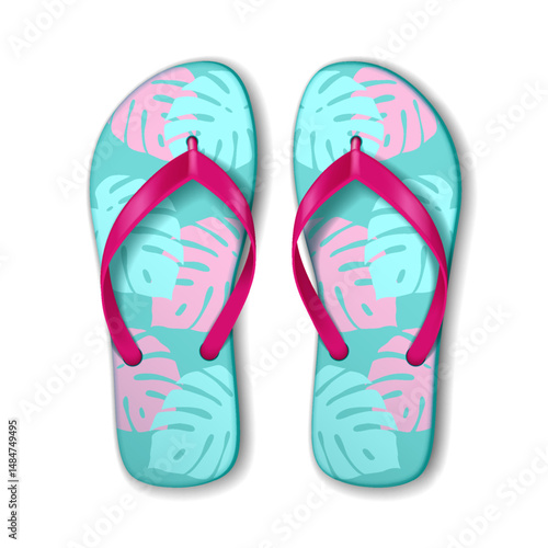 Vibrant flip flops in aqua and pink feature tropical leaf patterns. Fun and stylish, ideal for summer and beach activities. Captures a relaxed, tropical vibe.