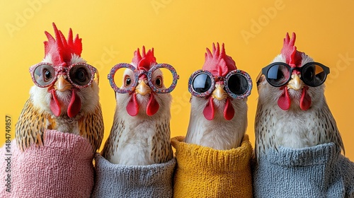 Four chickens wearing sweaters and sunglasses