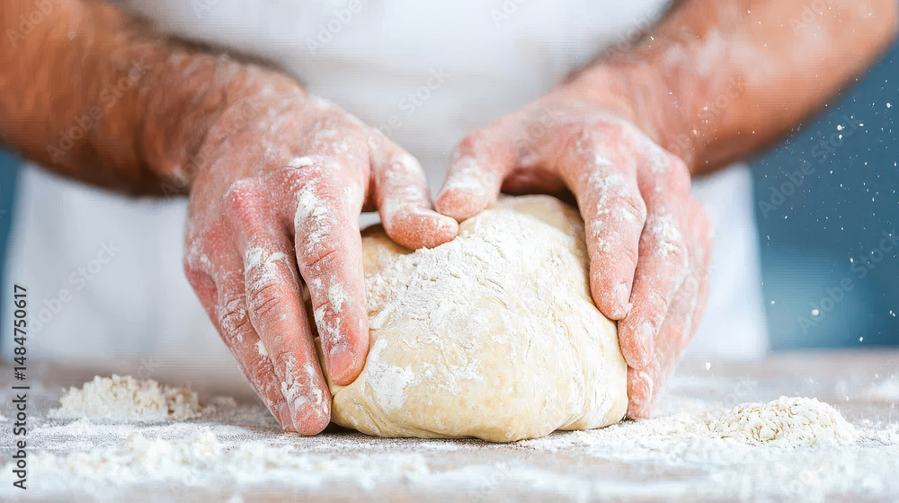 Kneading dough with flour covered hands creates rustic and inviting atmosphere kitchen. process showcases art of baking and joy of homemade bread Kneading dough with flour covered hands creates rustic and inviting atmosphere kitchen. process showcases art of baking and joy of homemade bread