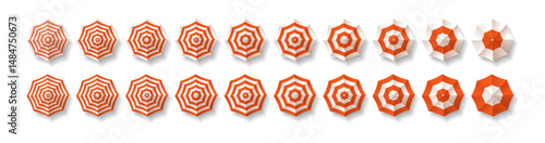Illustration showing different angular views of red and white beach umbrellas arranged in rows perfect for summerthemed designs. Highangle presentation set against a clean background.