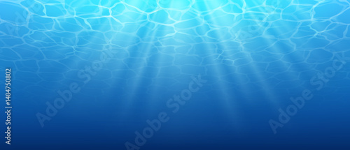 Seawater background, top view. Abstract illustration of underwater blue ocean scene. Sunlight penetrates through water creating dynamic light patterns. Ideal for marine themed designs.