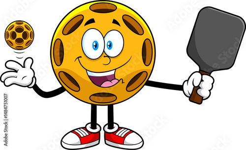 Pickleball Cartoon Mascot Character Holding Paddle and Smiling - Vector Hand Drawn Illustration Isolated On Transparent Background