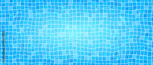 Background of the water in the pool, top view. Abstract illustration of a swimming pool tile pattern in vibrant blue shades. The rippled water effect creates a sense of movement and freshness.