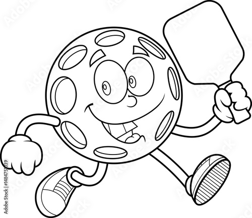 Pickleball Mascot Running With Paddle Black And White