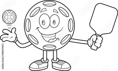 Pickleball Cartoon Mascot Black And White Coloring Page