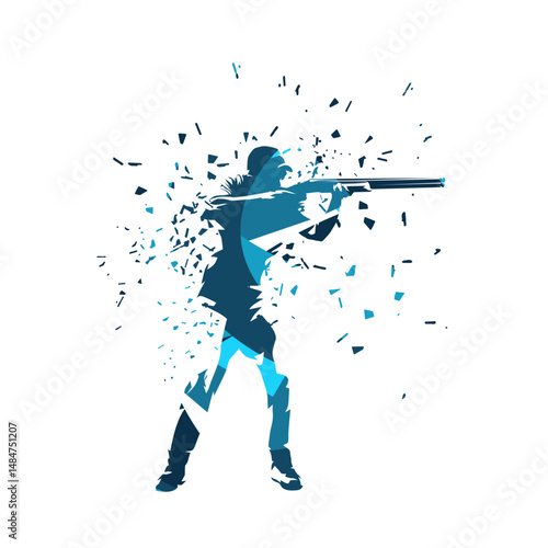 Skeet shooter, trap shooting sport, abstract blue isolated vector silhouette with dispersion effect