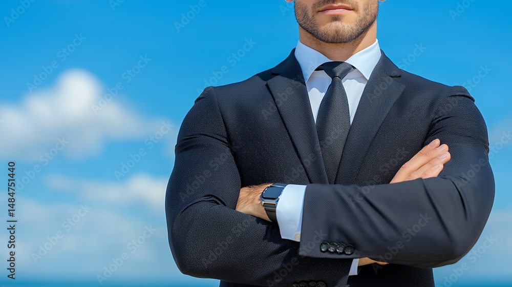 Man In Textured Dark Suit With Arms Crossed Against Blue Sky Man In Textured Dark Suit With Arms Crossed Against Blue Sky