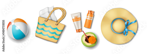 Illustration realistic style beach essentials colorful items representing summer essentials like beach ball tote bag sunscreen straw hat vibrant background.