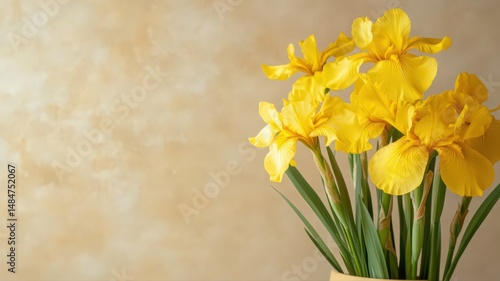 Wallpaper Mural Vibrant Yellow Iris Flowers with Golden Blooms in a Decorative Pot on a Soft Background Torontodigital.ca