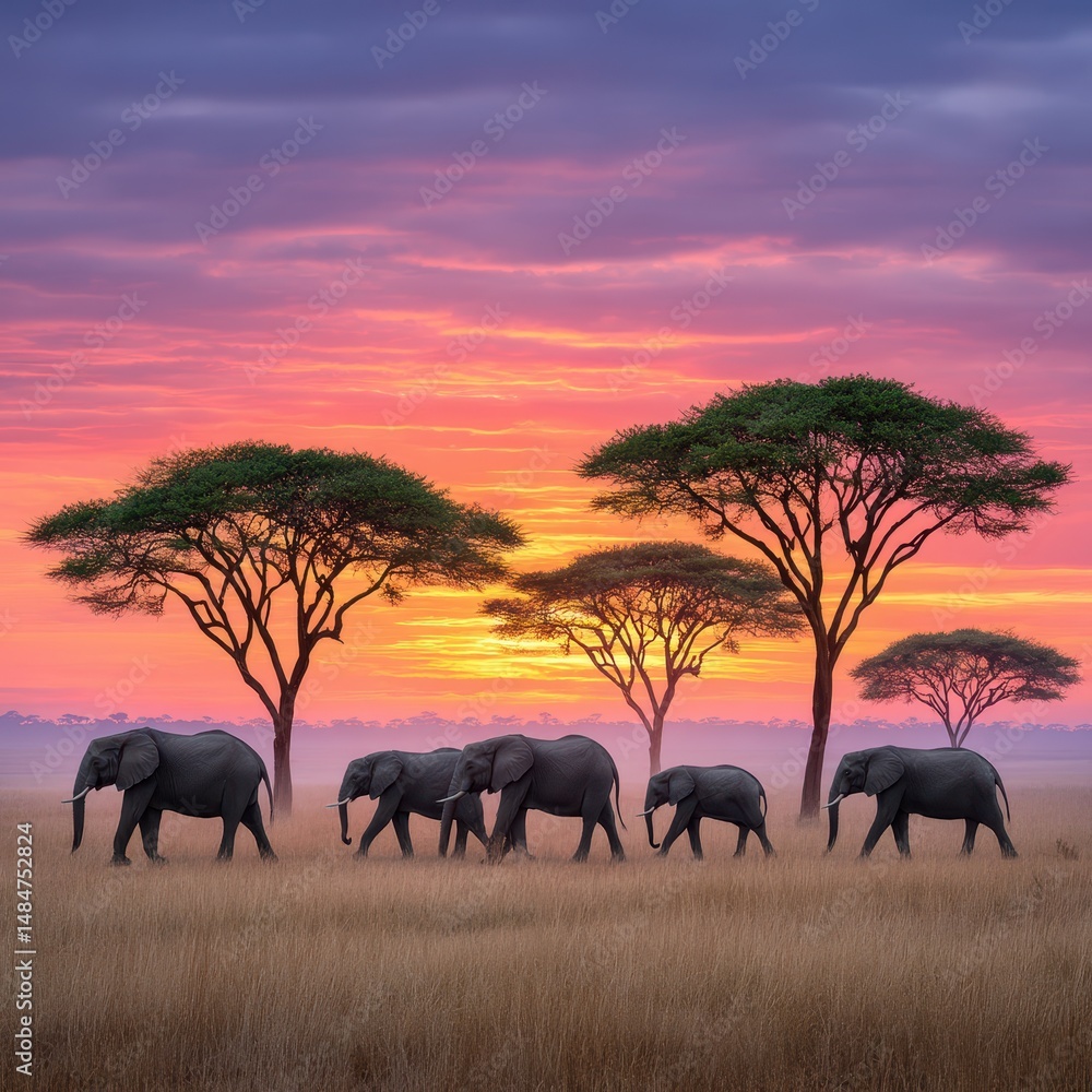 Fototapeta premium African Elephants at Sunrise on the Savanna