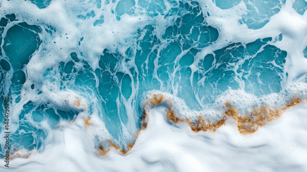 Naklejka premium Aerial view of swirling turquoise ocean water with white foam creating a mesmerizing abstract natural pattern