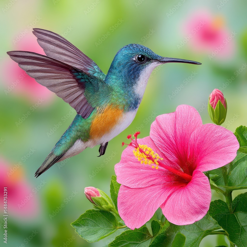 Fototapeta premium Iridescent Hummingbird Hovering Near Pink Hibiscus Flower