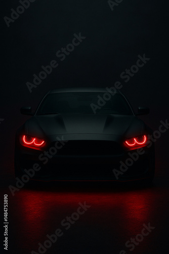 Dark Moody Car Front View with Red Headlights in Minimal Lighting
