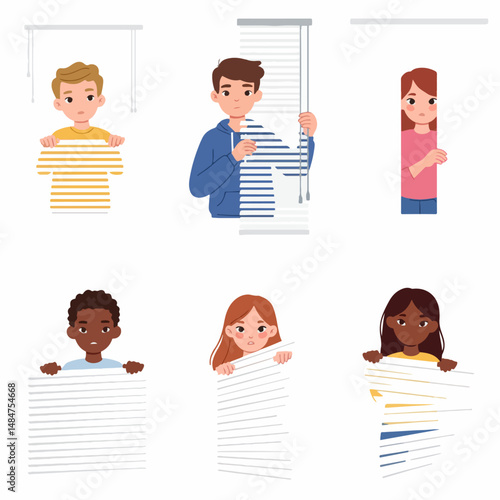 Peeking Kids: A set of adorable kids peering from behind window blinds, showcasing various ethnicities in a charming illustration.