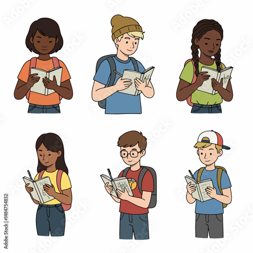 Young Learners Study: Group of children absorbed in the study, each holding an open book and pencil