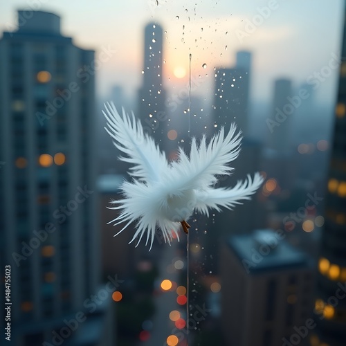 Delicate White Feathers Resting on Wet Window with Rain and Out-of-Focus City in Background