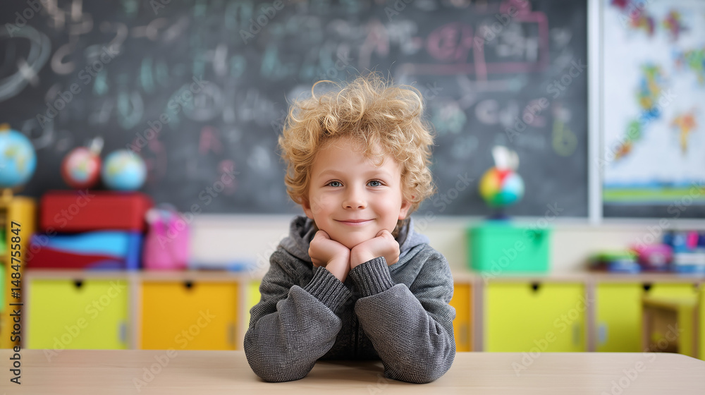 A happy schoolchild in a colorful classroom smiles at his desk. Image for topics related to elementary education, back to school, child development and joyful learning. A happy schoolchild in a colorful classroom smiles at his desk. Image for topics related to elementary education, back to school, child development and joyful learning.