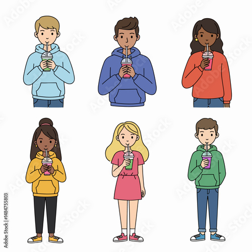Cool Sip: diverse individuals enjoy refreshing drinks, a snapshot of youthful camaraderie and simple pleasures. 