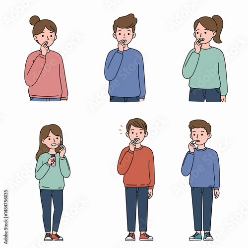 Daily Ritual: A delightful illustration showcases individuals engaged in their daily routine, emphasizing the importance of dental hygiene, the act of teeth brushing. 