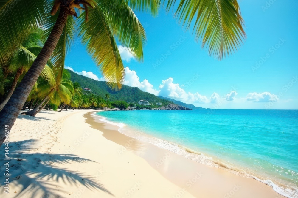 Fototapeta premium Panoramic view of Samara Beach with palm trees and clear waters, tree, sea