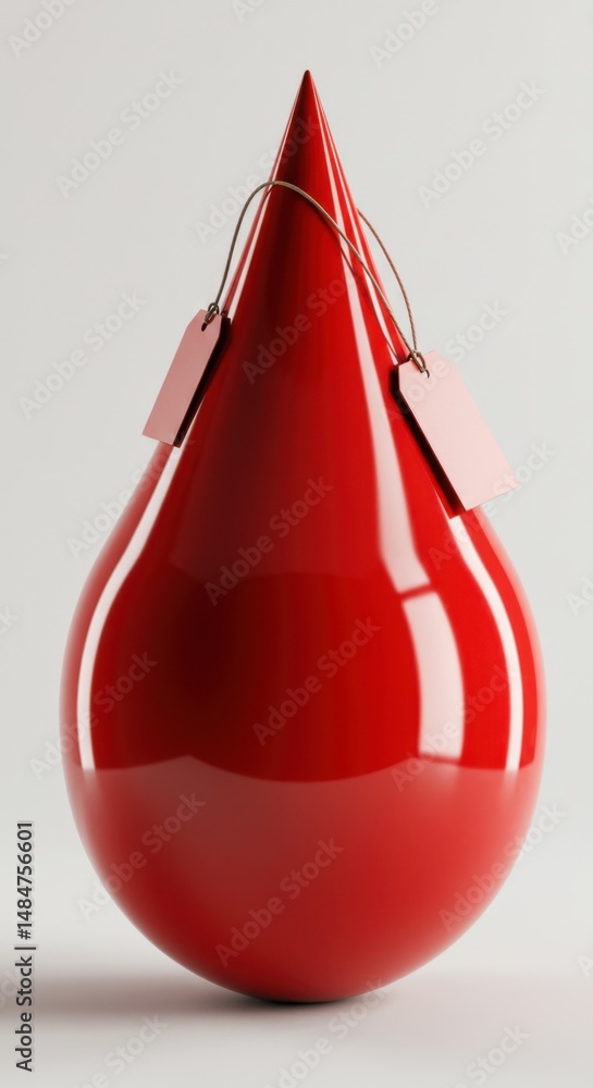 Obraz premium Red Blood Drop with Price Tags: A Conceptual Image on the Cost of Blood Donation and Healthcare