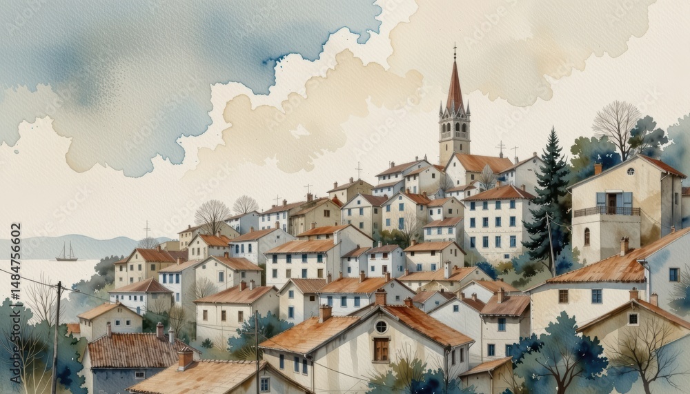 Fototapeta premium Quaint watercolor village painting, a serene countryside escape in picturesque scenery