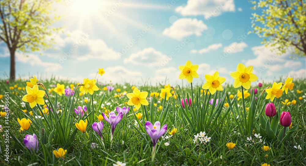 Fototapeta premium Spring Flowers Bloom in Meadow under Blue Sky with Sun, Daffodils and Crocuses