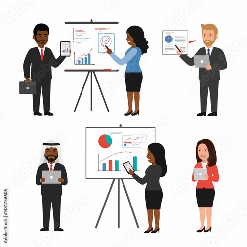 Business presentation: A comprehensive business presentation scene featuring a diverse team of professionals delivering insightful analysis using charts, graphs, and digital devices.