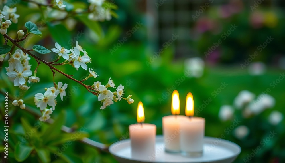 White flowering branch & three burning candles in serene garden setting, glow, atmosphere White flowering branch & three burning candles in serene garden setting, glow, atmosphere